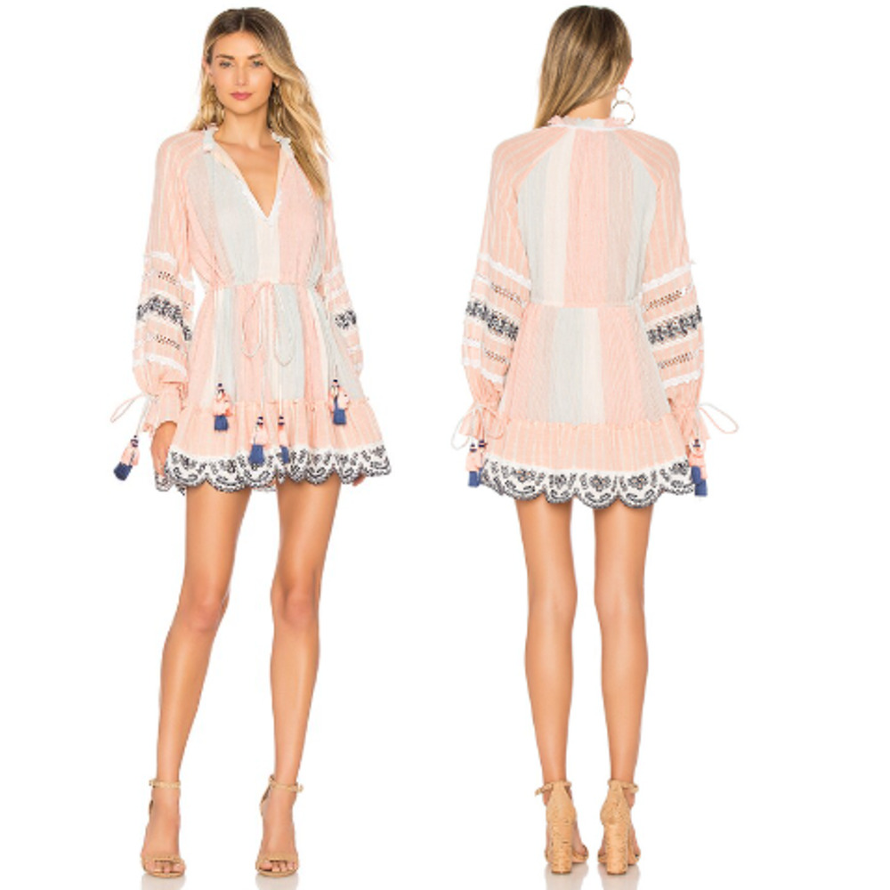 Hemant & Nandita Long Sleeve Tassel Tie Boho Mini Dress Peach/Blue Women's XS